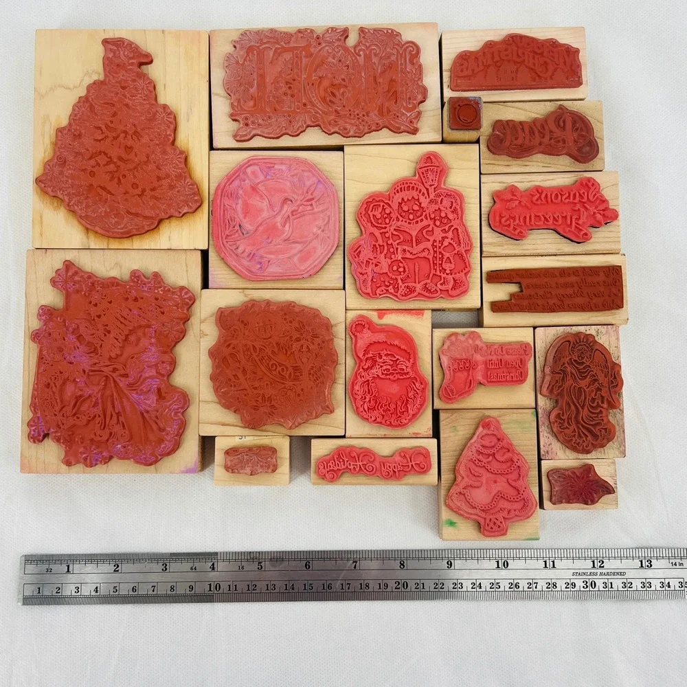 Christmas Rubber Stamp Lot Mixed Size Wood Noel Angel Santa Vintage 18 pcs